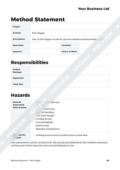 Mini Digger Method Statement Template 